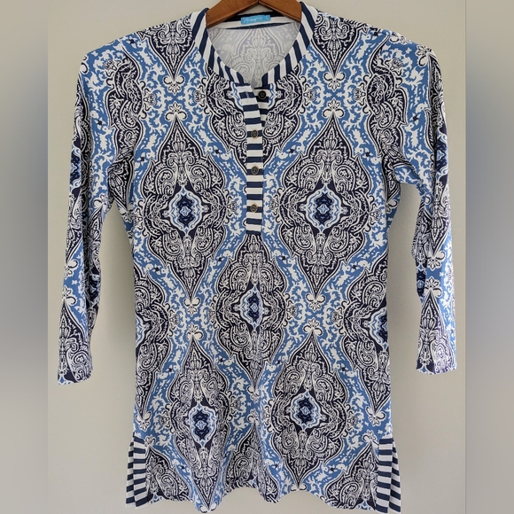 J. McLaughlin Catalina Cloth Tunic Top WOMEN'S S Biscayne Damask White Navy - Picture 3 of 15